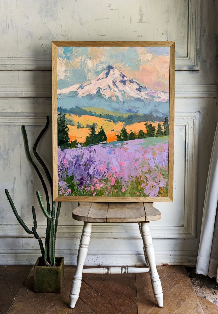 Pastel Mountain Meadow Print. room preview