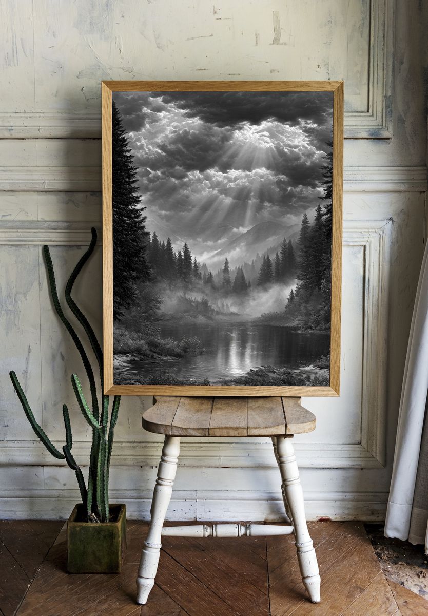 Misty Mountain River Black-White Poster. room preview