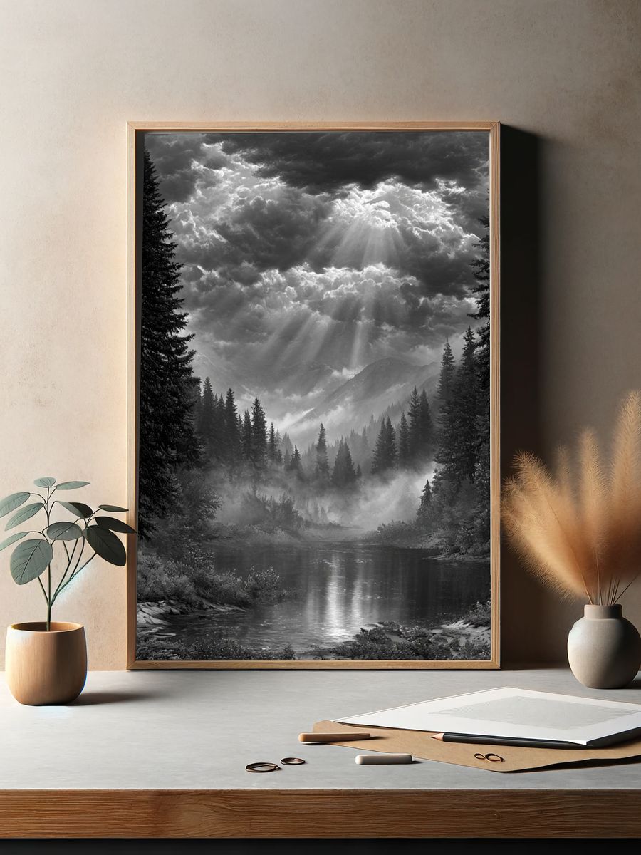 Misty Mountain River Black-White Poster. — room view 2