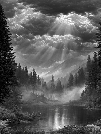 Misty Mountain River Black-White Poster.