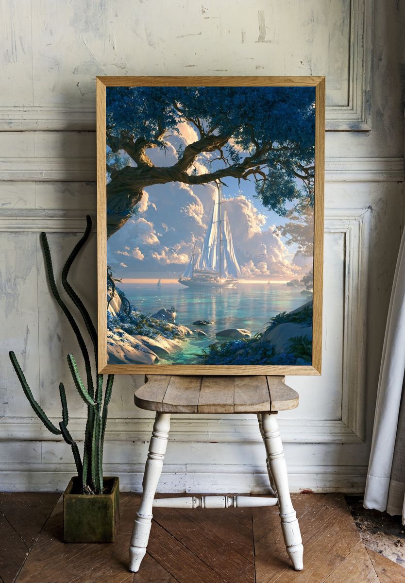 Sailboat at Sunset Landscape Print. room preview