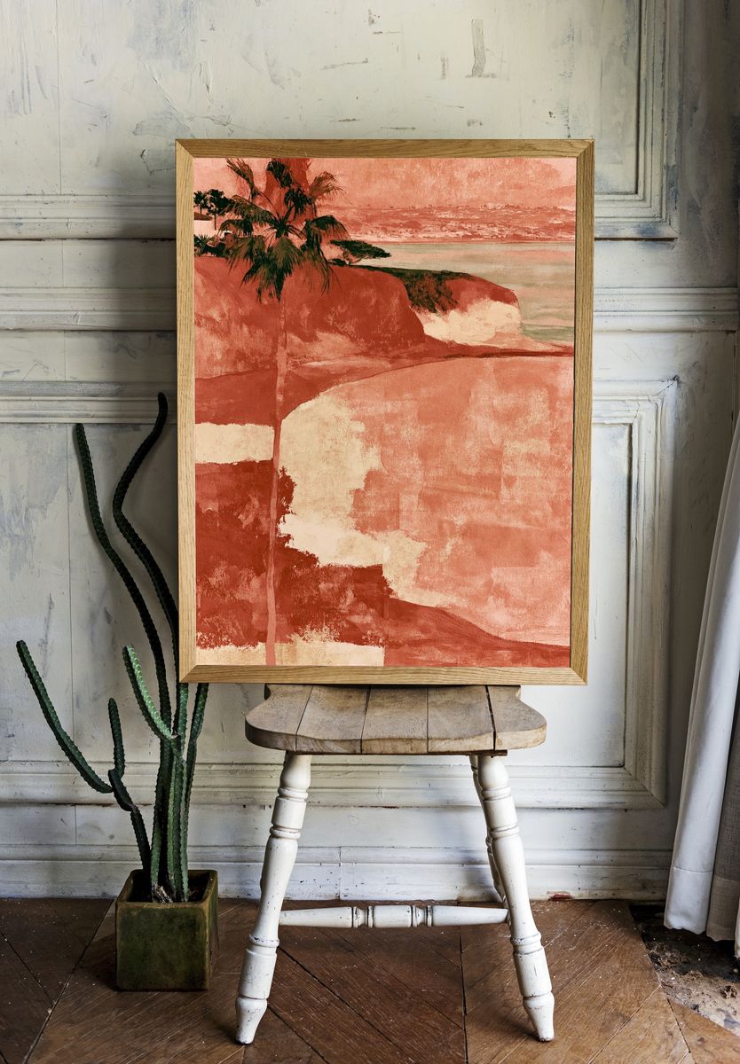 Coastal Cliff Palm Watercolor Print. room preview