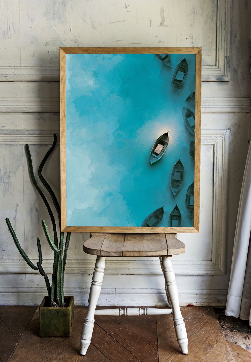 Turquoise Boats Aerial Print. room preview