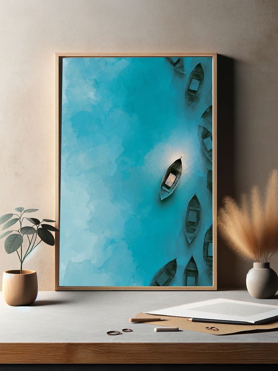 Turquoise Boats Aerial Print. — room view 2