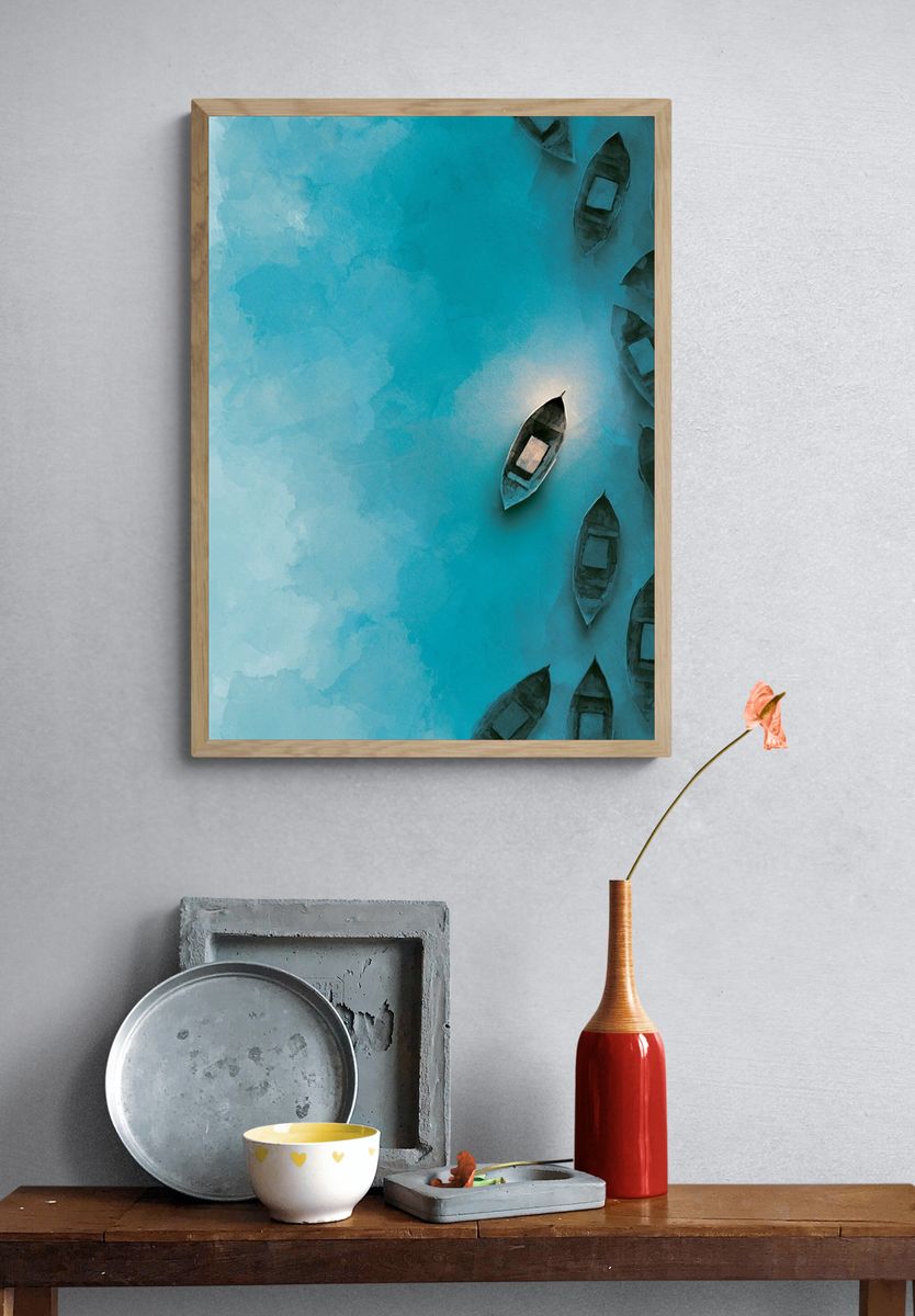 Turquoise Boats Aerial Print. — room view 3
