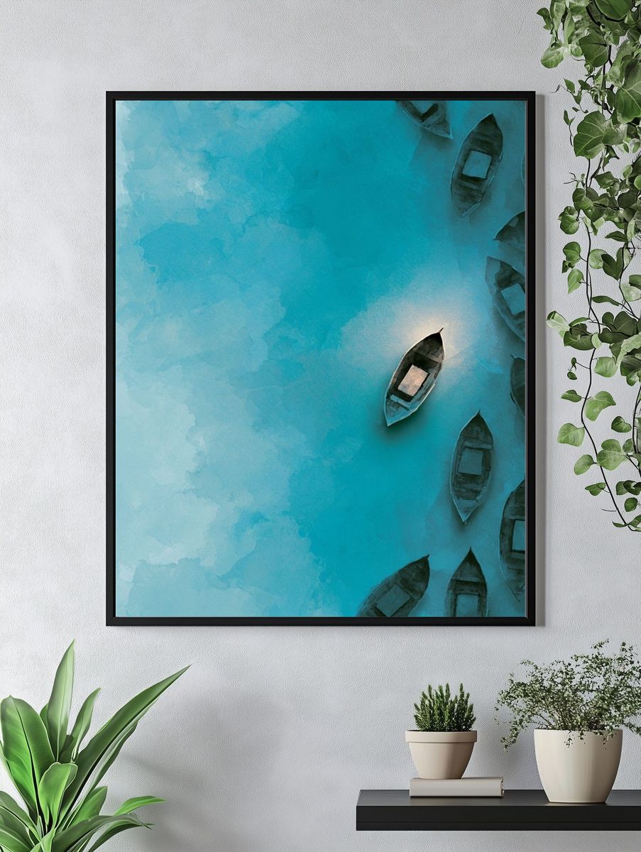 Turquoise Boats Aerial Print. — room view 4