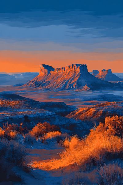 Desert Mesa Sunset Illustration Poster.