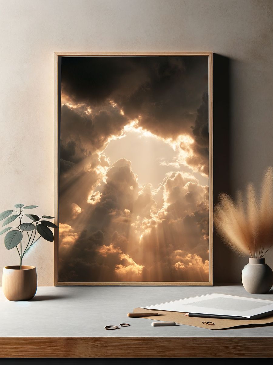 Golden Sun Rays Through Clouds Poster. — room view 2