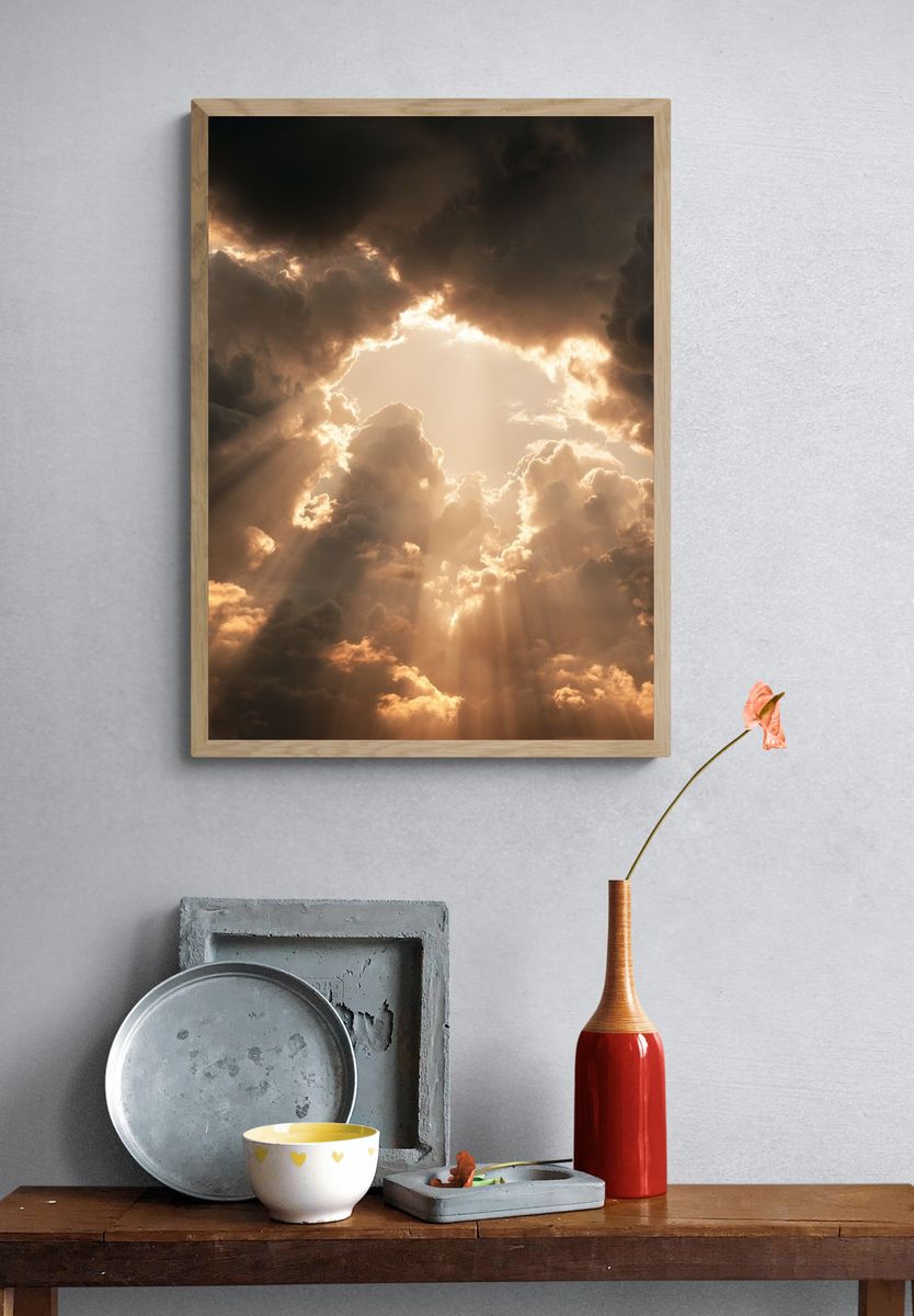 Golden Sun Rays Through Clouds Poster. — room view 3