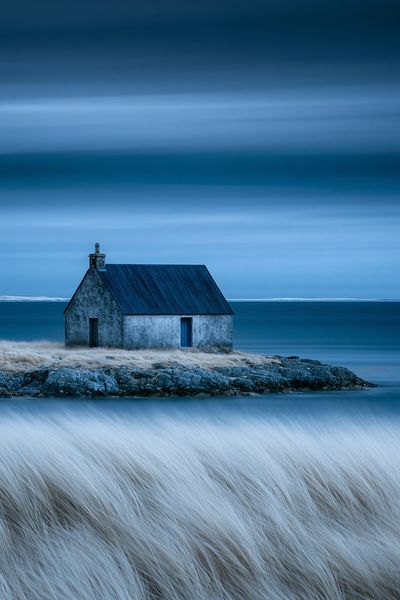 Seaside Cottage at Dusk Print.