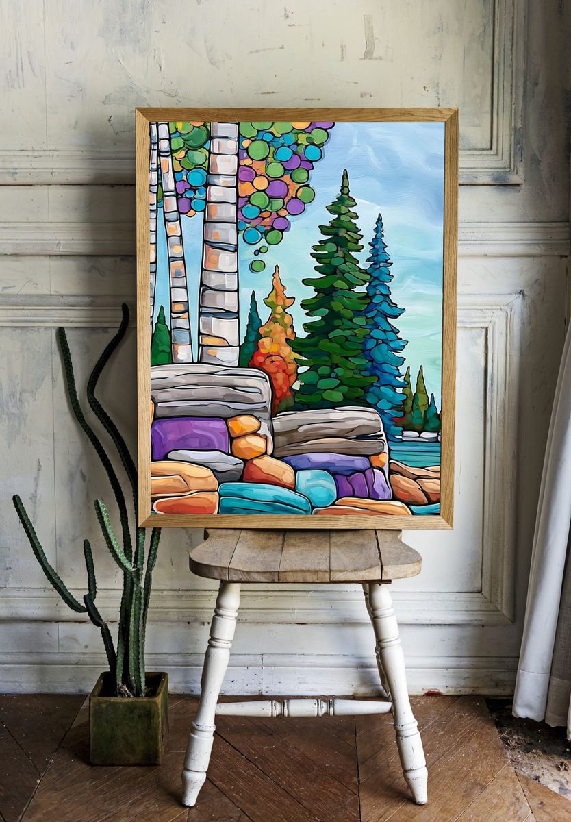 Colorful Forest Landscape Print. room preview