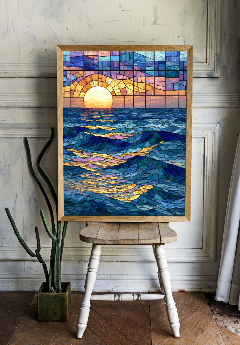 Stained Glass Ocean Sunset Poster. — room view 1
