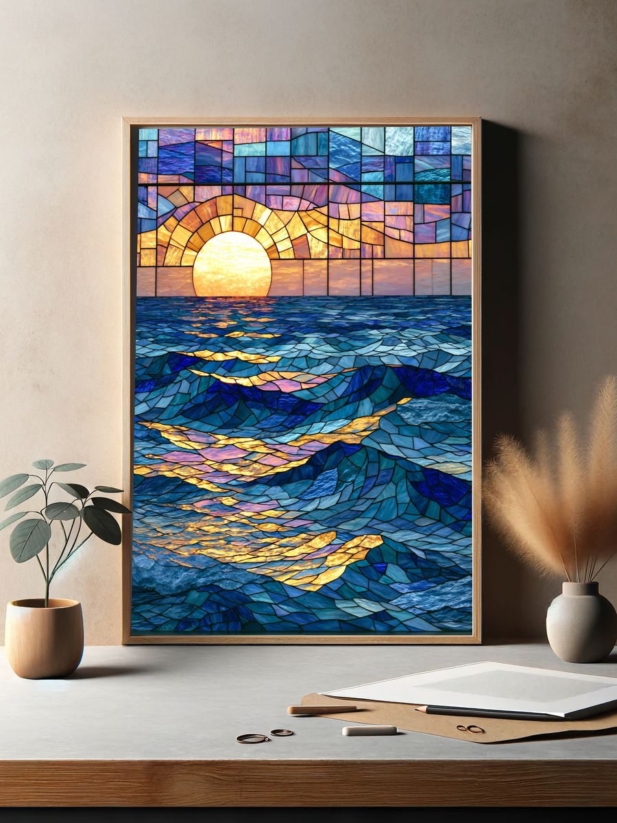 Stained Glass Ocean Sunset Poster. — room view 2
