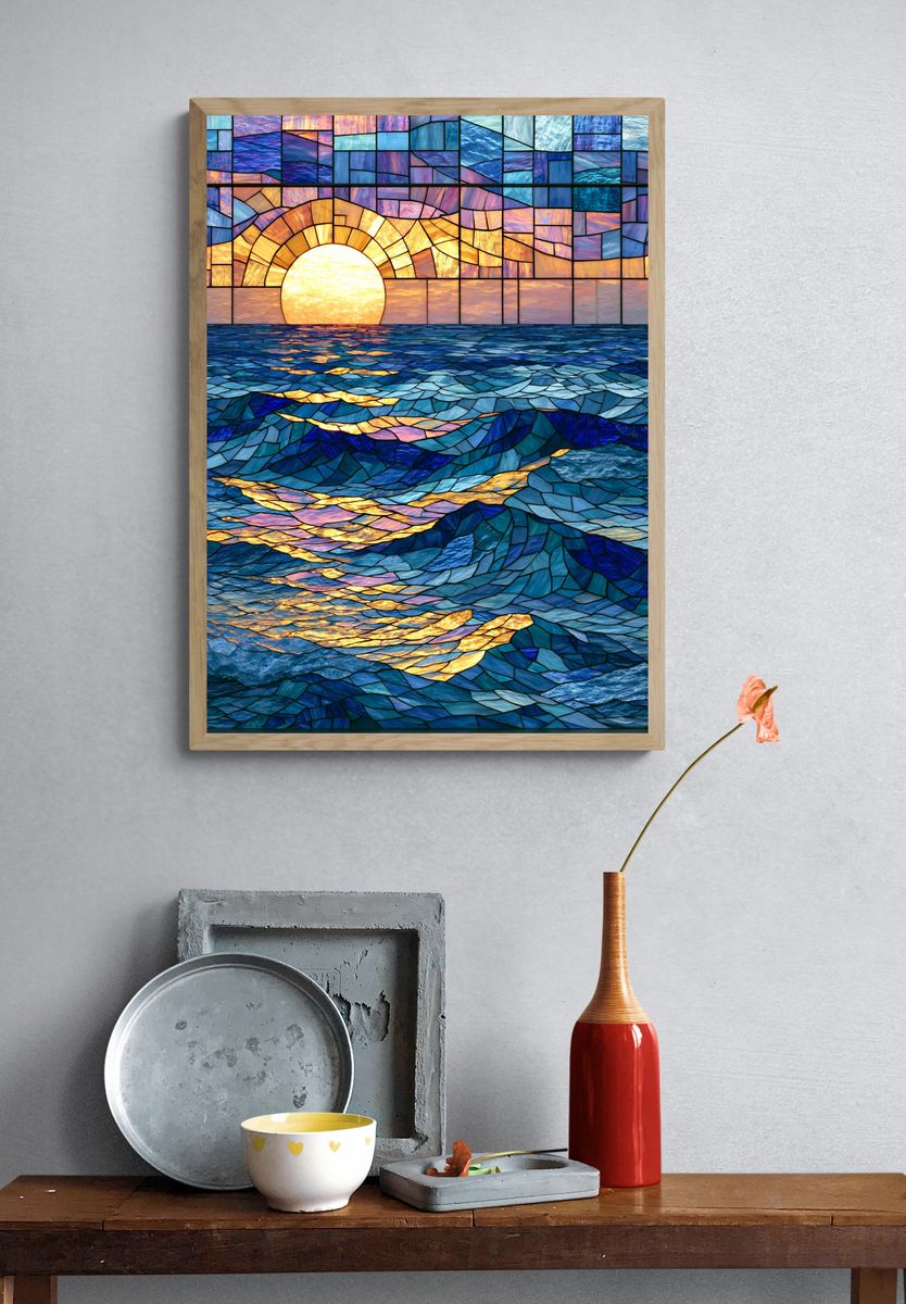 Stained Glass Ocean Sunset Poster. — room view 3