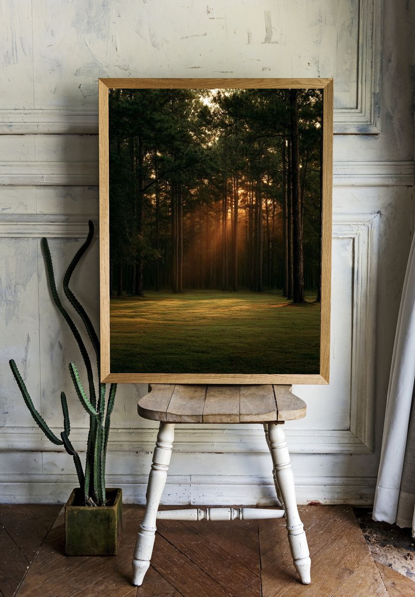 Sunlit Pine Forest Poster. room preview