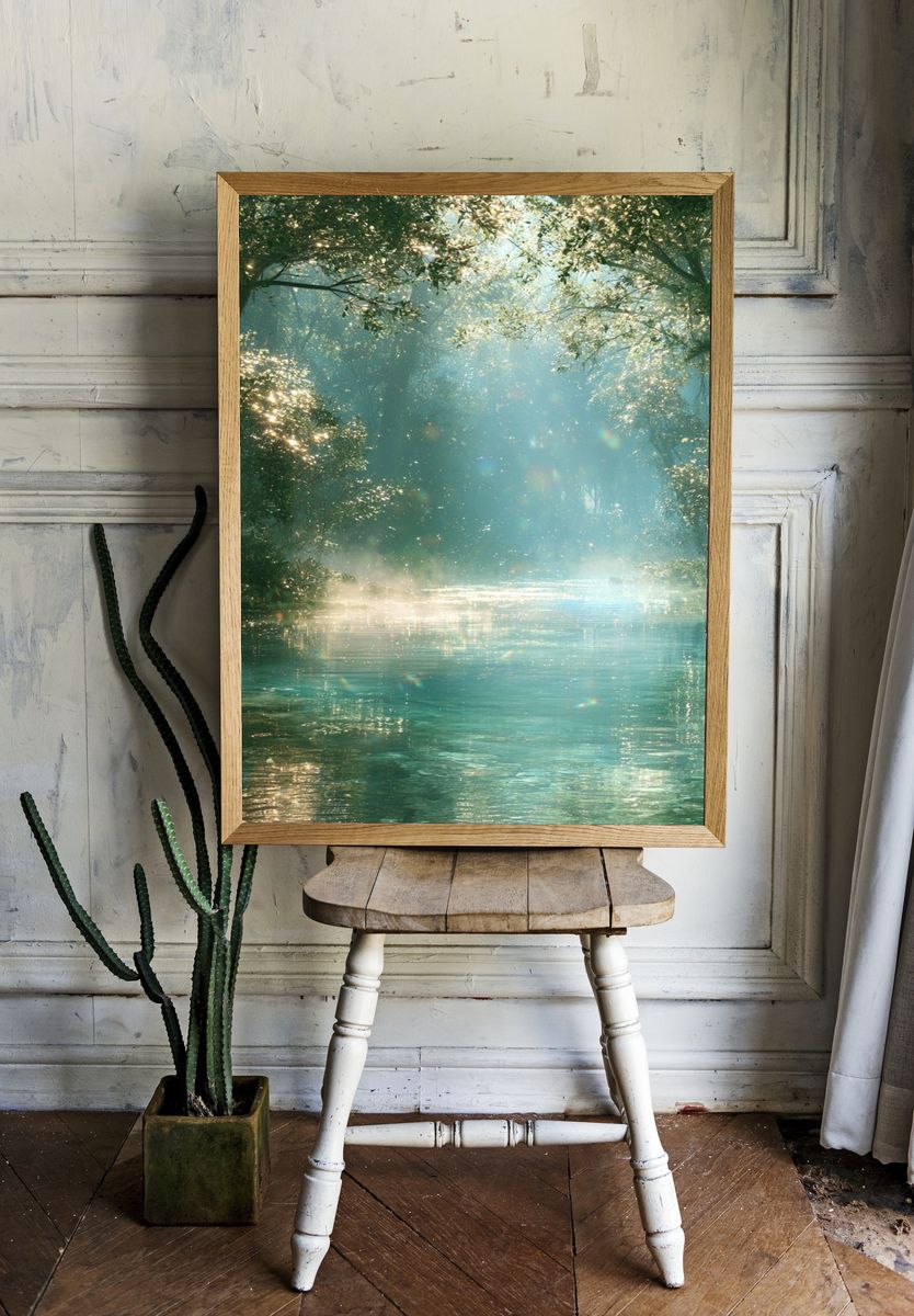 Sunlit Forest River Poster. room preview