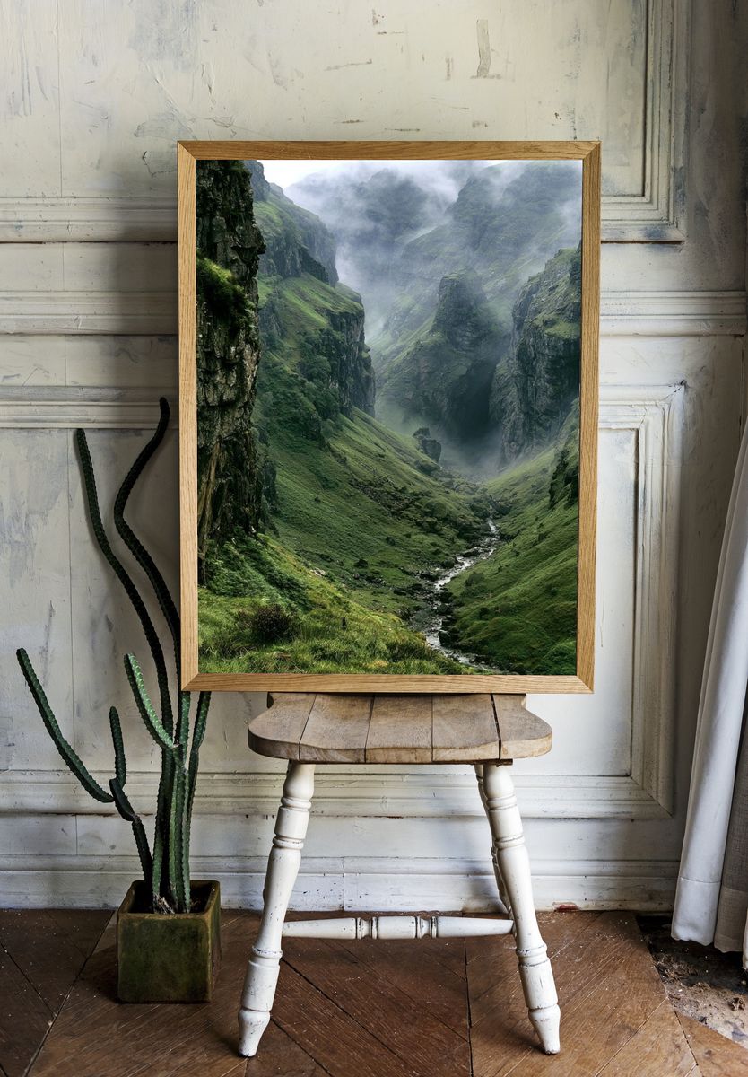 Misty Green Canyon Landscape Poster. room preview