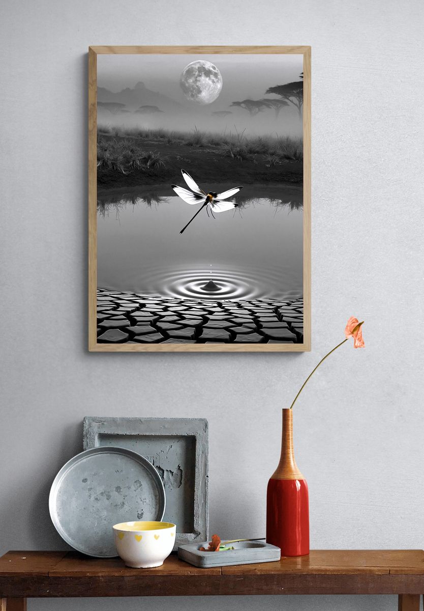 Moonlit Dragonfly Surreal Print. — room view 3