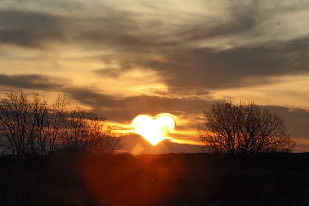 Evening background, heart shaped sun. poster detail