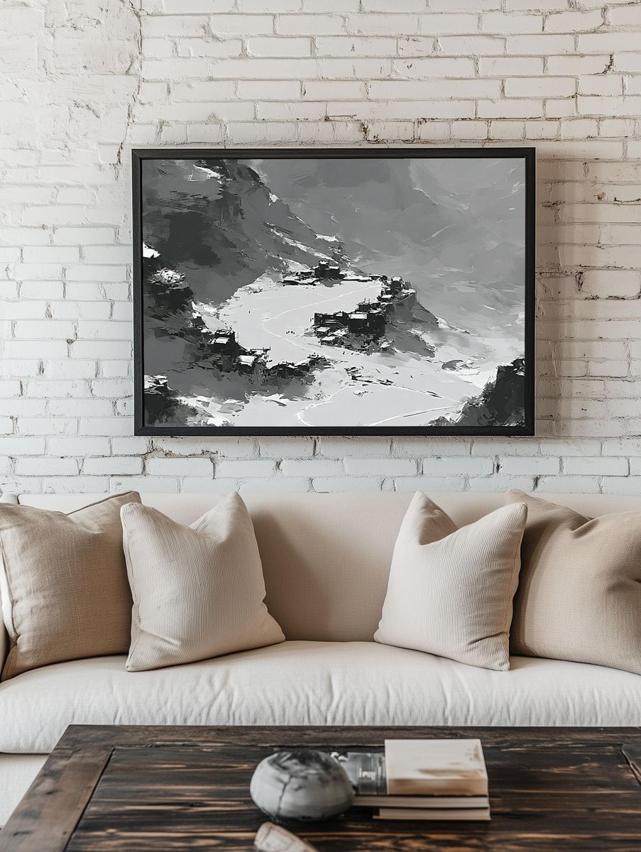Snowy Mountain Lake Abstract Print. room preview