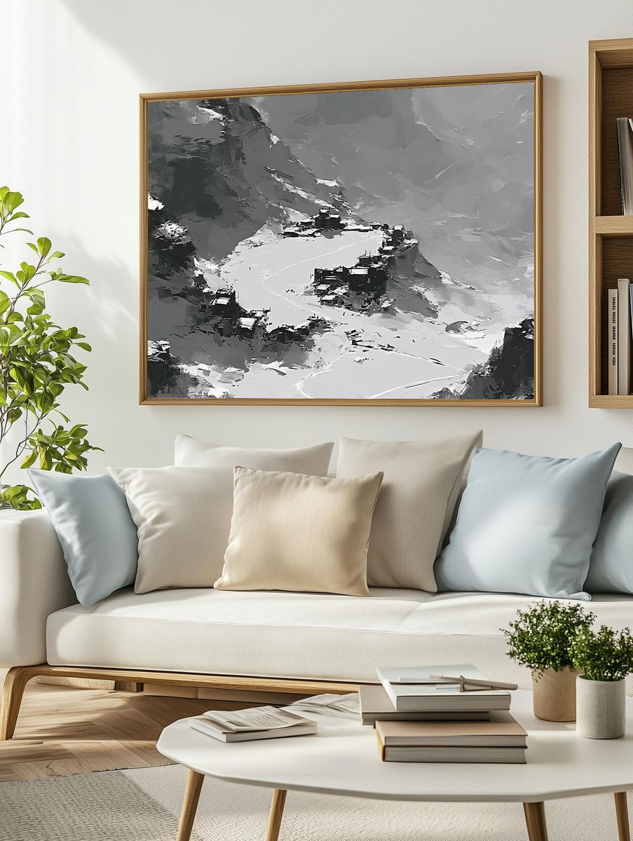 Snowy Mountain Lake Abstract Print. — room view 2