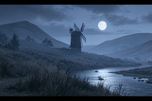 Moonlit Windmill Landscape Print. poster detail