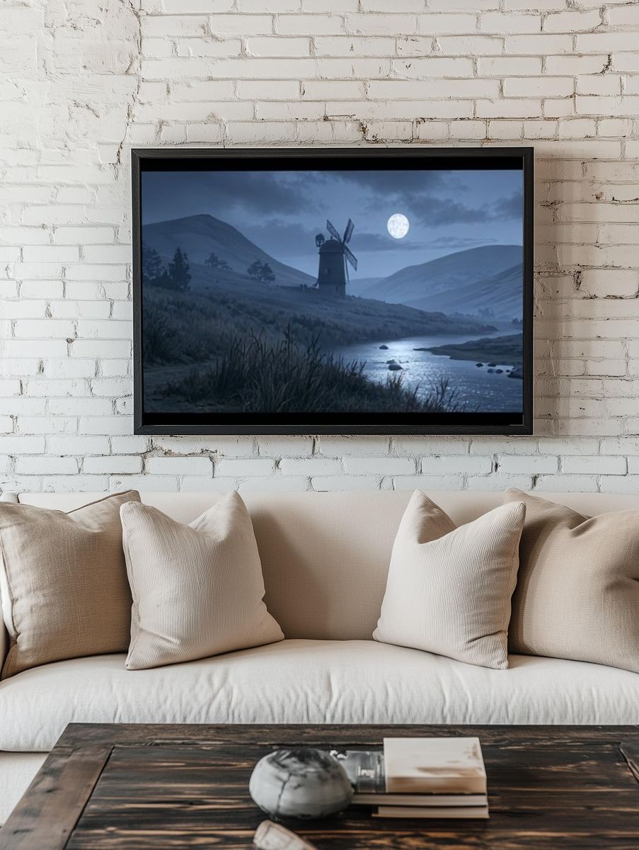 Moonlit Windmill Landscape Print. room preview