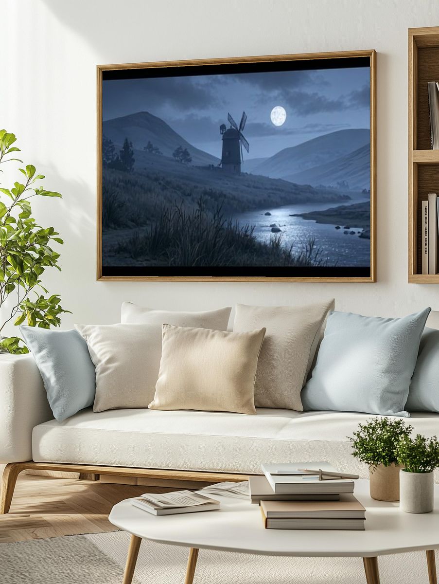 Moonlit Windmill Landscape Print. — room view 2