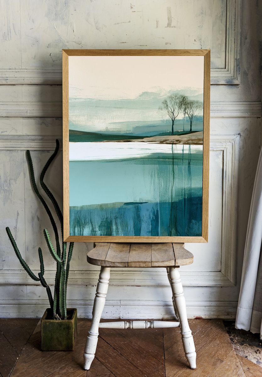 Misty Lakeside Trees Landscape Print. — room view 1