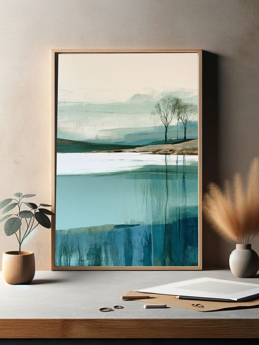 Misty Lakeside Trees Landscape Print. — room view 2