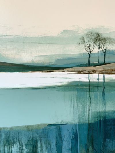 Misty Lakeside Trees Landscape Print.