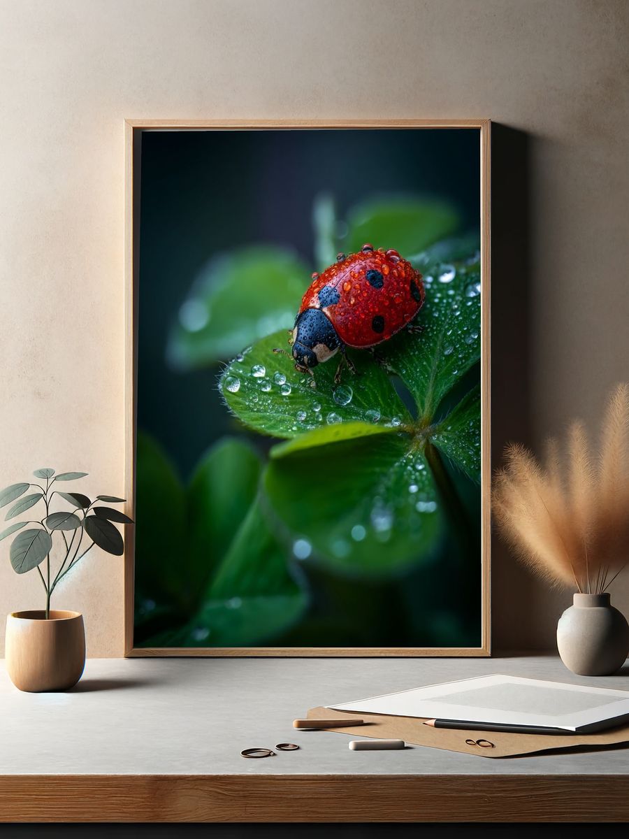 Rain-Dappled Ladybug Nature Poster. — room view 2