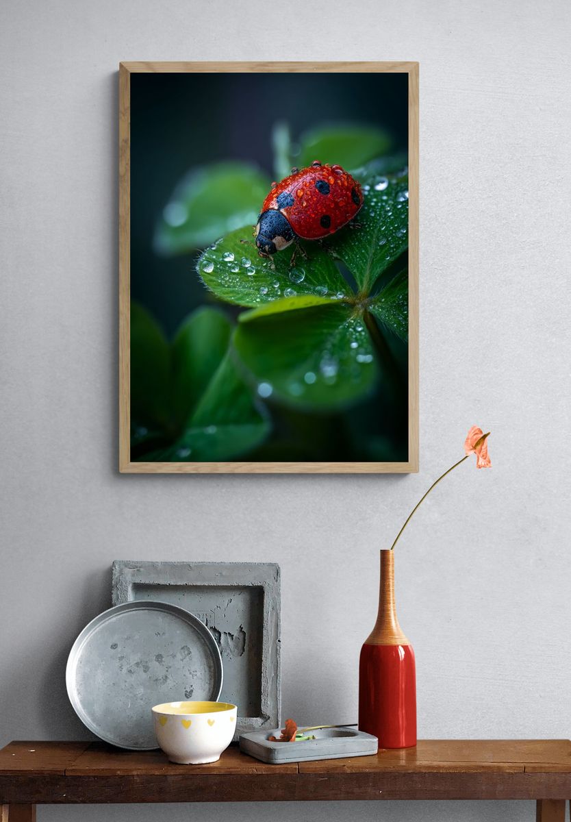 Rain-Dappled Ladybug Nature Poster. — room view 3
