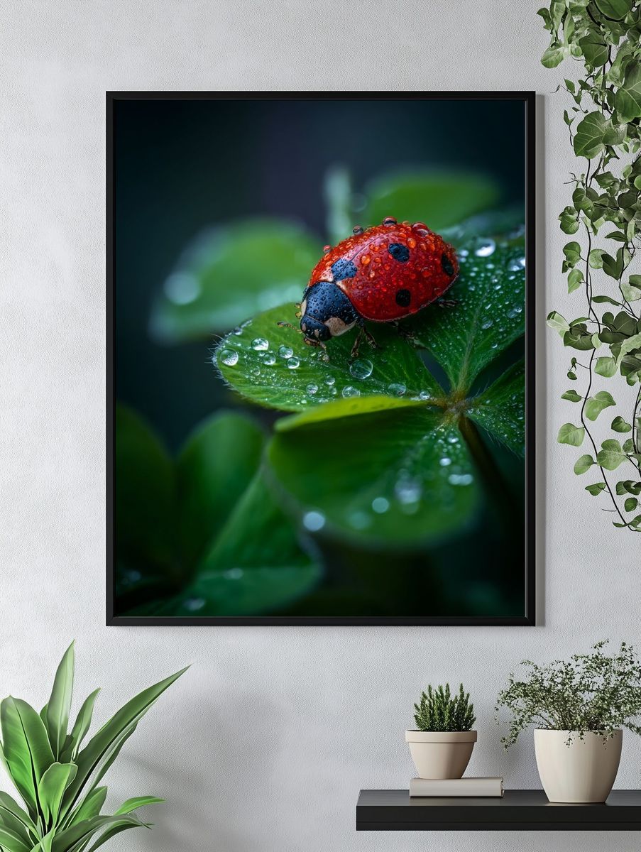Rain-Dappled Ladybug Nature Poster. — room view 4