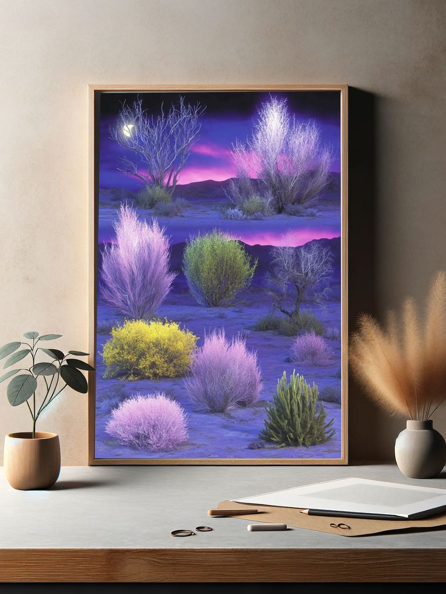 Neon Desert Shrubs Photography Poster. — room view 2