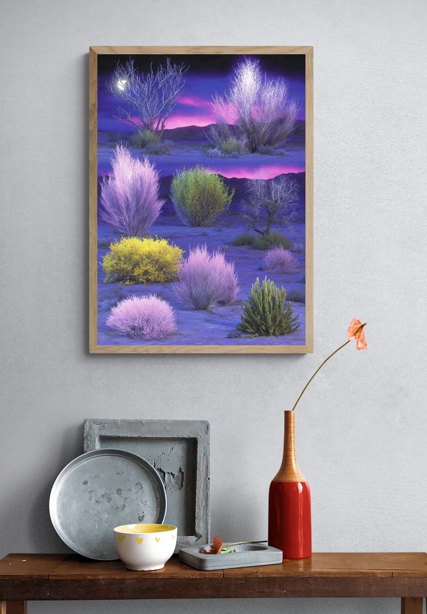 Neon Desert Shrubs Photography Poster. — room view 3