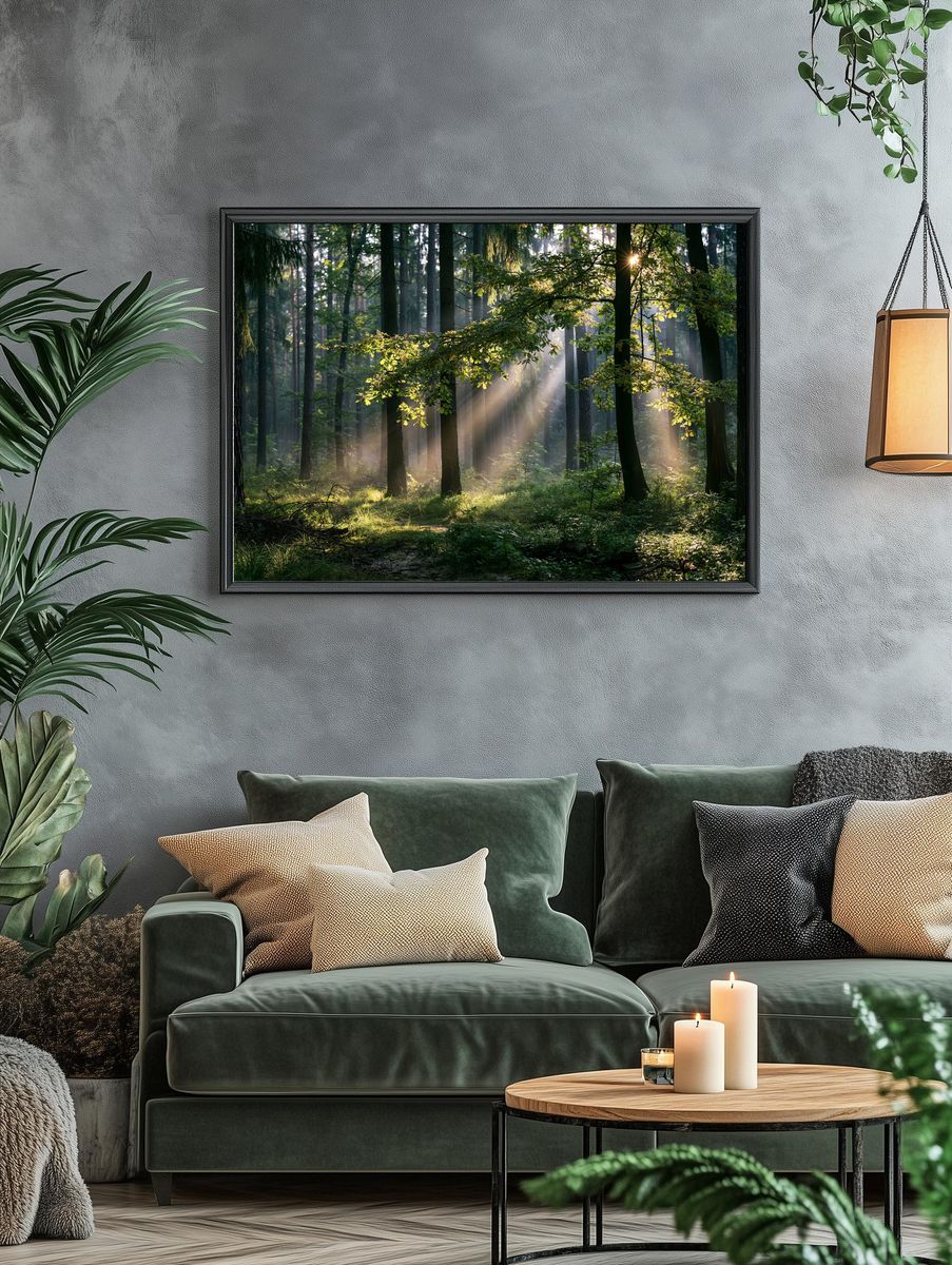 Sunlit Forest Morning Photography Poster. — room view 4