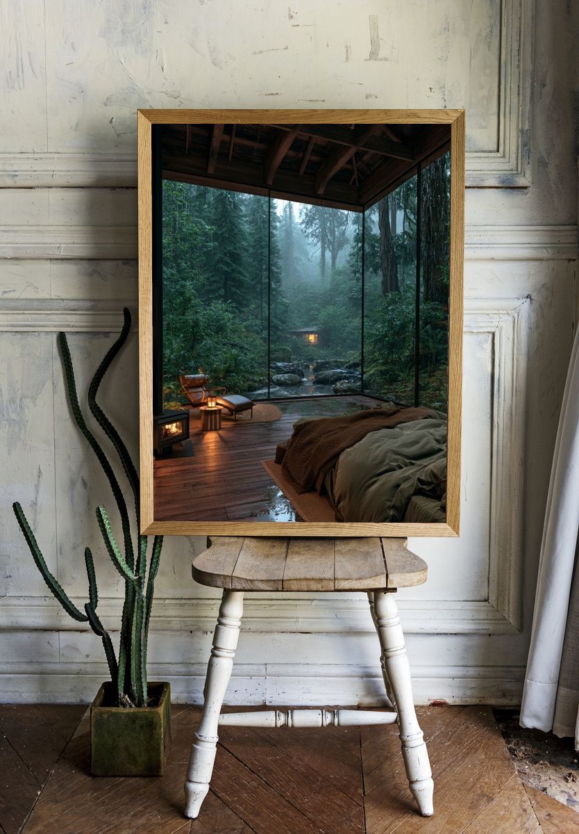 Misty Forest Cabin Retreat Poster. room preview