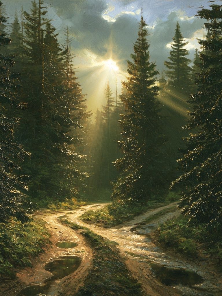 Sunlit Pine Forest Landscape Print. poster detail
