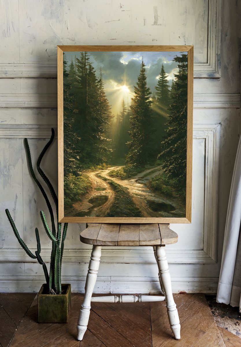 Sunlit Pine Forest Landscape Print. room preview