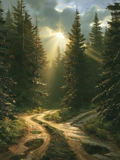 Sunlit Pine Forest Landscape Print. poster