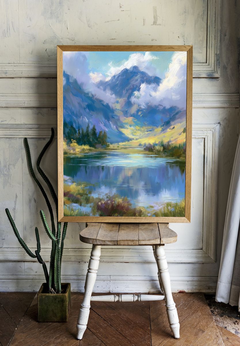 Misty Mountain Lake Landscape Print. room preview