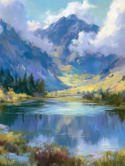 Misty Mountain Lake Landscape Print.