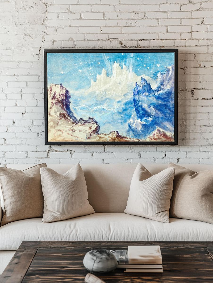 Fantastic mountainous landscape starry sky. room preview