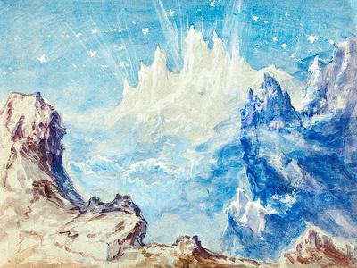 Fantastic mountainous landscape starry sky.