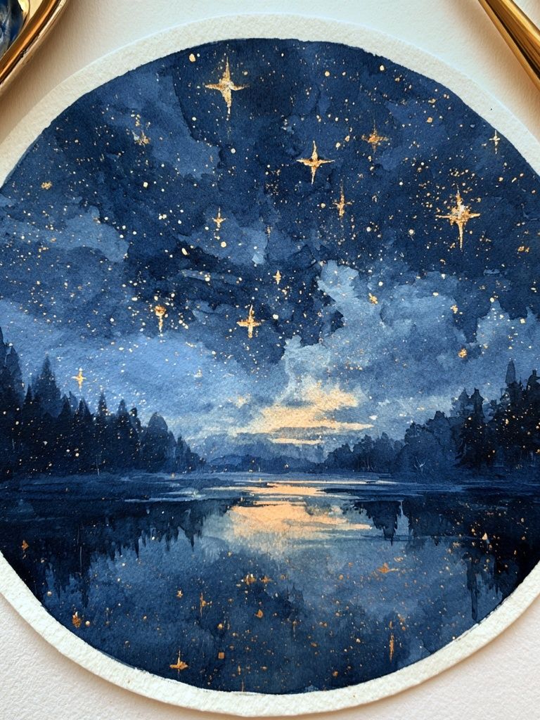 Starry Night Lake Watercolor Poster. poster — nature art