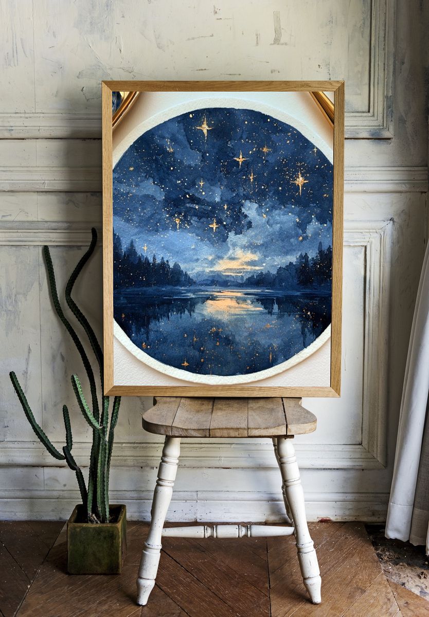 Starry Night Lake Watercolor Poster. — room view 1
