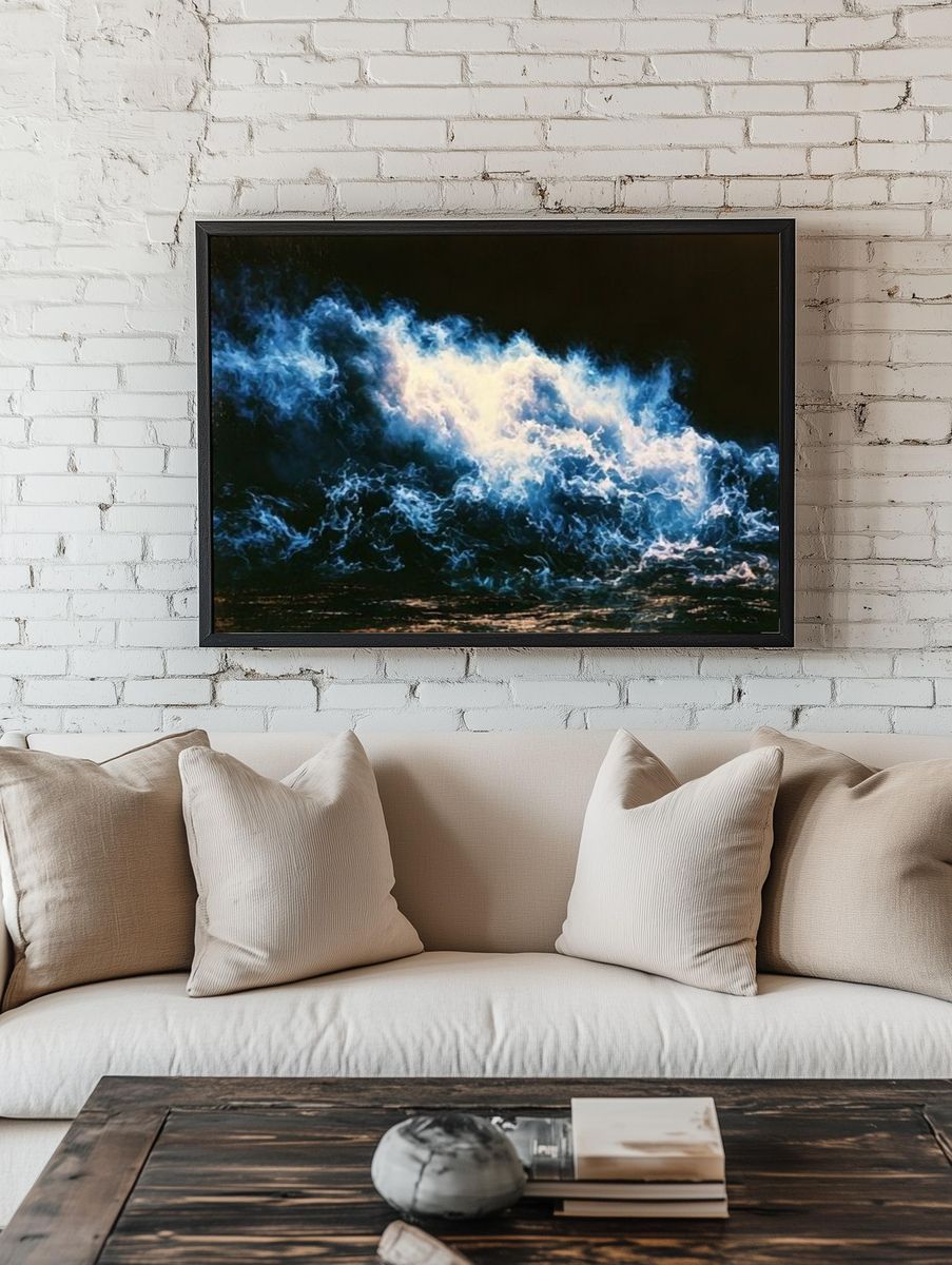 Blue Ocean Wave Abstract Print. room preview