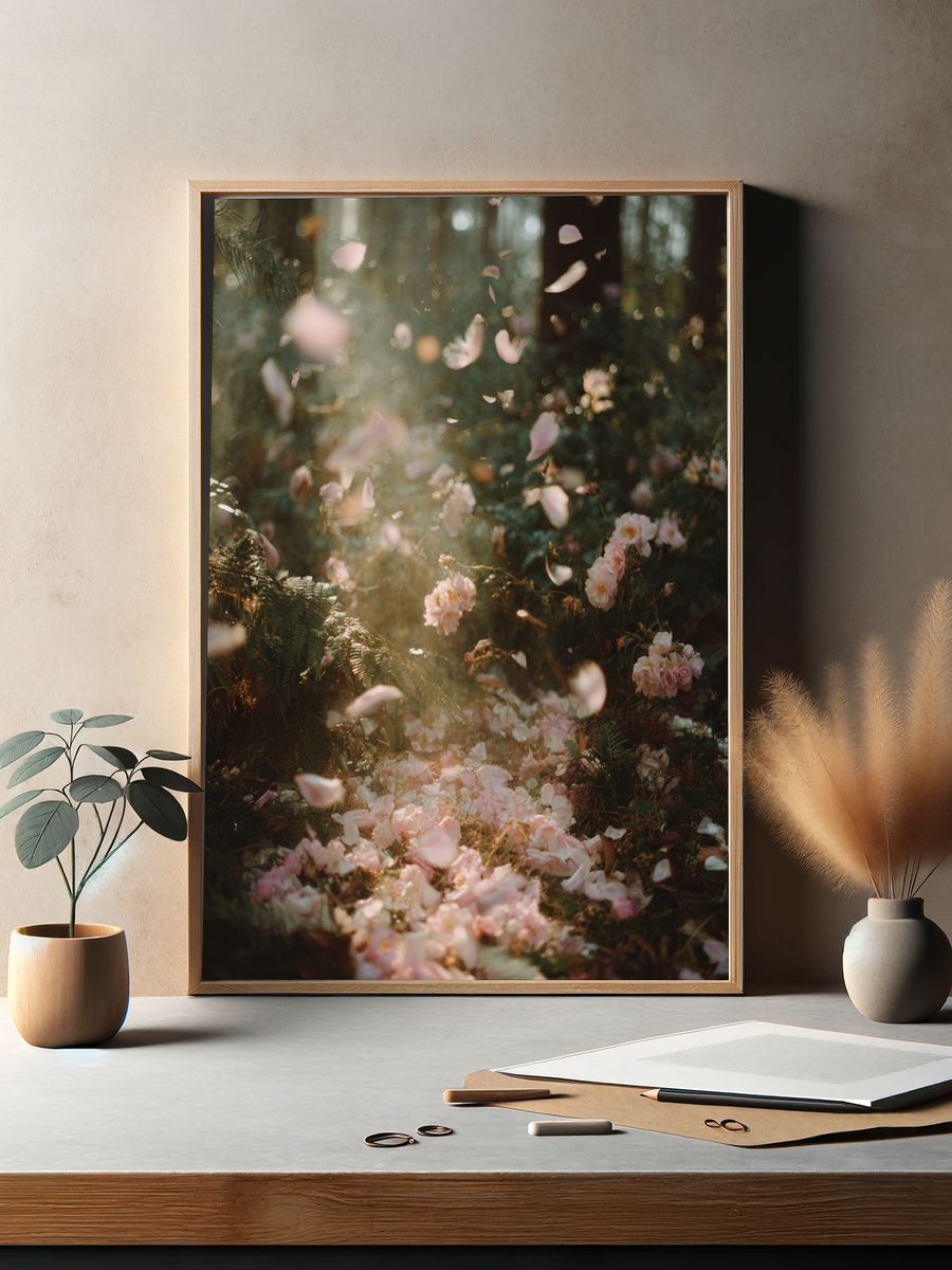 Blush Petals in Forest Light Poster. — room view 2