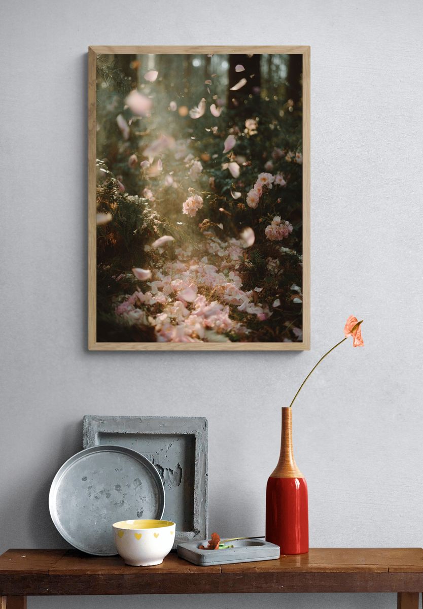 Blush Petals in Forest Light Poster. — room view 3